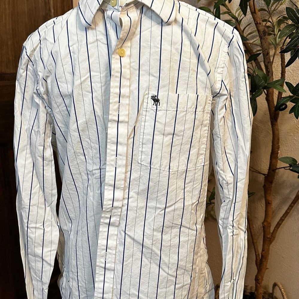Mens Abercrombie Fitch Muscle Long Sleeve Dress Shirt XL White Blue Stripe